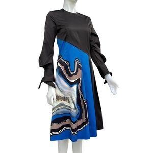 JAPAJO Copenhagen Abstract Print Dress Blue Black Assymetrical Artsy Art to Wear